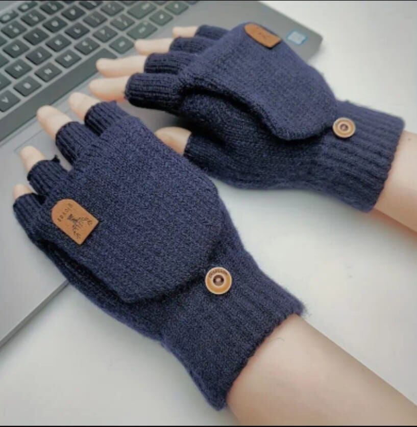 Lacivert Renk Yarım Parmak Yün Örgü Eldiven Unisex