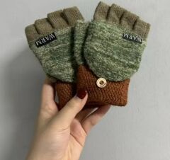 Zeytin Yeşili Renk Yarım Parmak Yün Eldiven Kadın