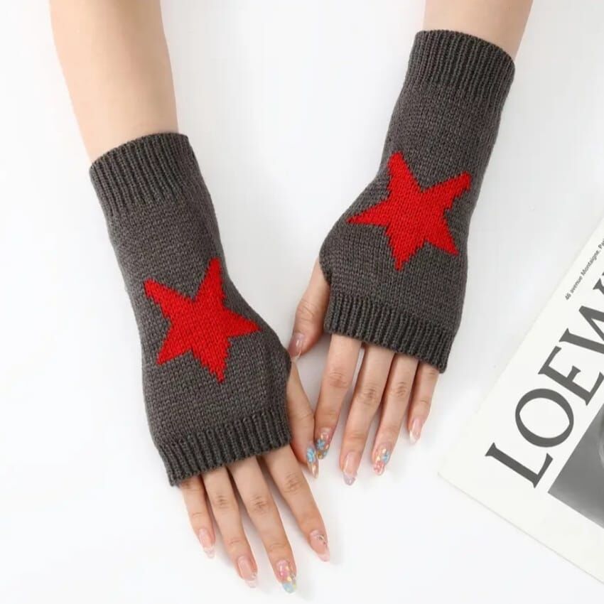 Koyu Gri Renk Yıldız Örgü Yarım Parmak Yün Eldiven (Çift)