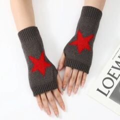 Koyu Gri Renk Yıldız Örgü Yarım Parmak Yün Eldiven (Çift)