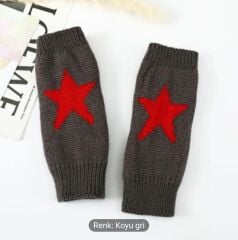 Koyu Gri Renk Yıldız Örgü Yarım Parmak Yün Eldiven (Çift)