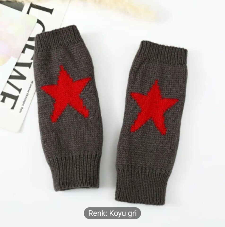 Koyu Gri Renk Yıldız Örgü Yarım Parmak Yün Eldiven (Çift)
