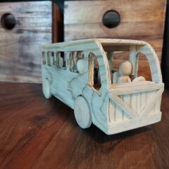 El Yapımı Mekanik Hareketli Ahşap Otobüs Oyuncak