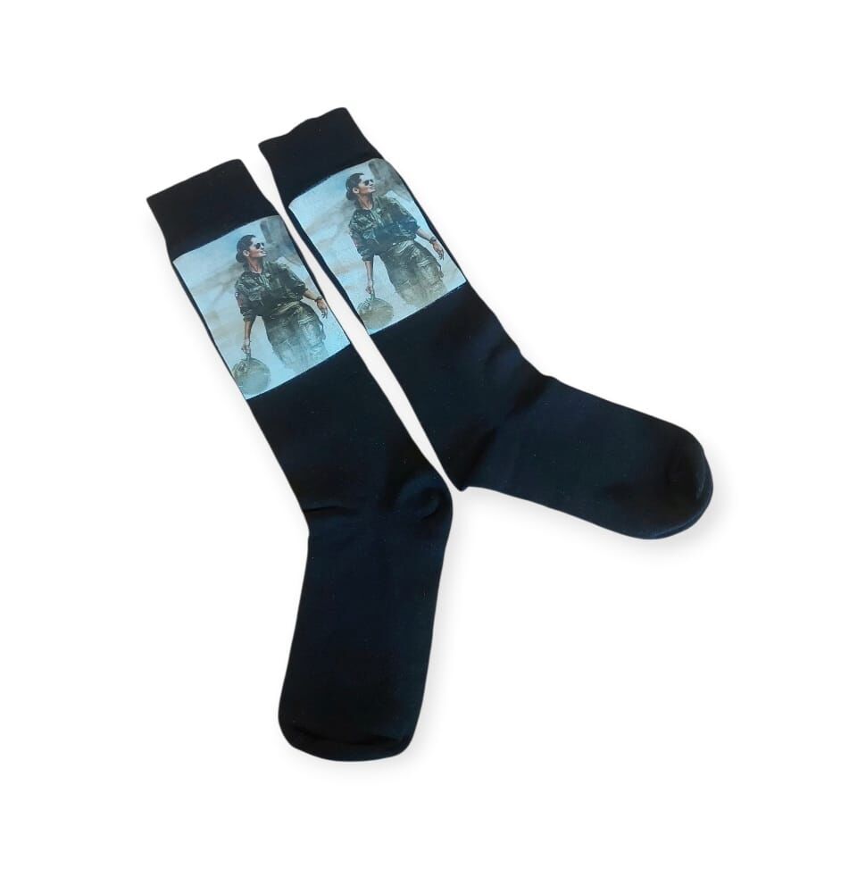 Siyah Renk Kadın Diz Altı Çorap (Kadın Pilot Baskılı)