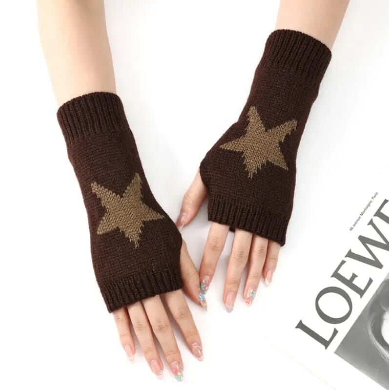 Kahverengi ,Yıldız Örgü Yarım Parmak Yün Eldiven (Çift)