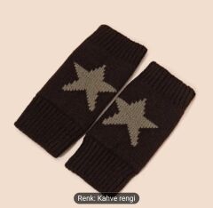 Kahverengi ,Yıldız Örgü Yarım Parmak Yün Eldiven (Çift)