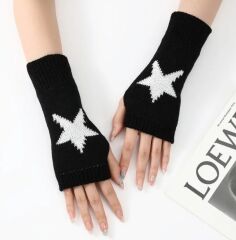 Siyah Renk,Yıldız Örgü Yarım Parmak Yün Eldiven (Çift)
