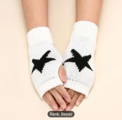 Beyaz Renk,Yıldız Örgü Yarım Parmak Yün Eldiven (Çift)