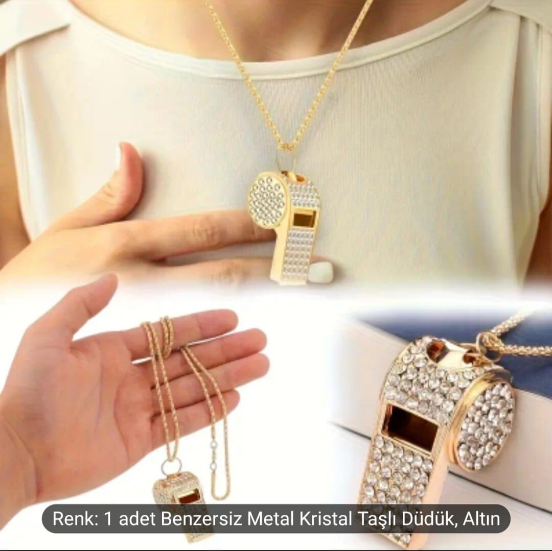 Donna Kristal Süsleme,Altın Kaplama Zincir Düdük Kolye Modeli