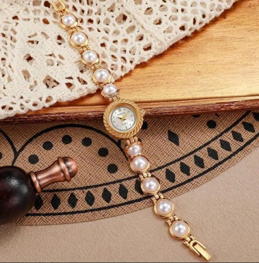 Donna Altın Tonlu Vintage İnci Bileklik Saat Modeli