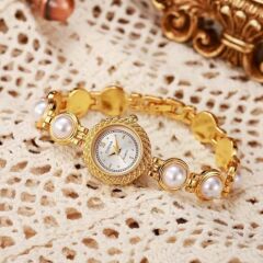 Donna Altın Tonlu Vintage İnci Bileklik Saat Modeli