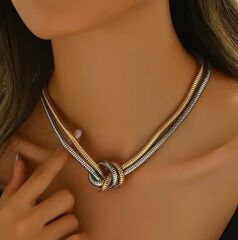 Donna Altın-Gümüş Tonlu Geometrik Düğüm Tasarım Kolye Modeli