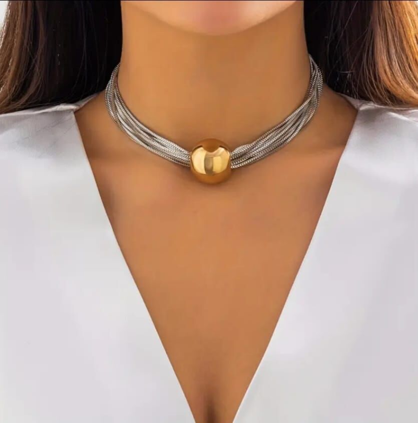 Donna Altın Renk Büyük Top-Gümüş Renk Örgülü Zincir Kolye Modeli