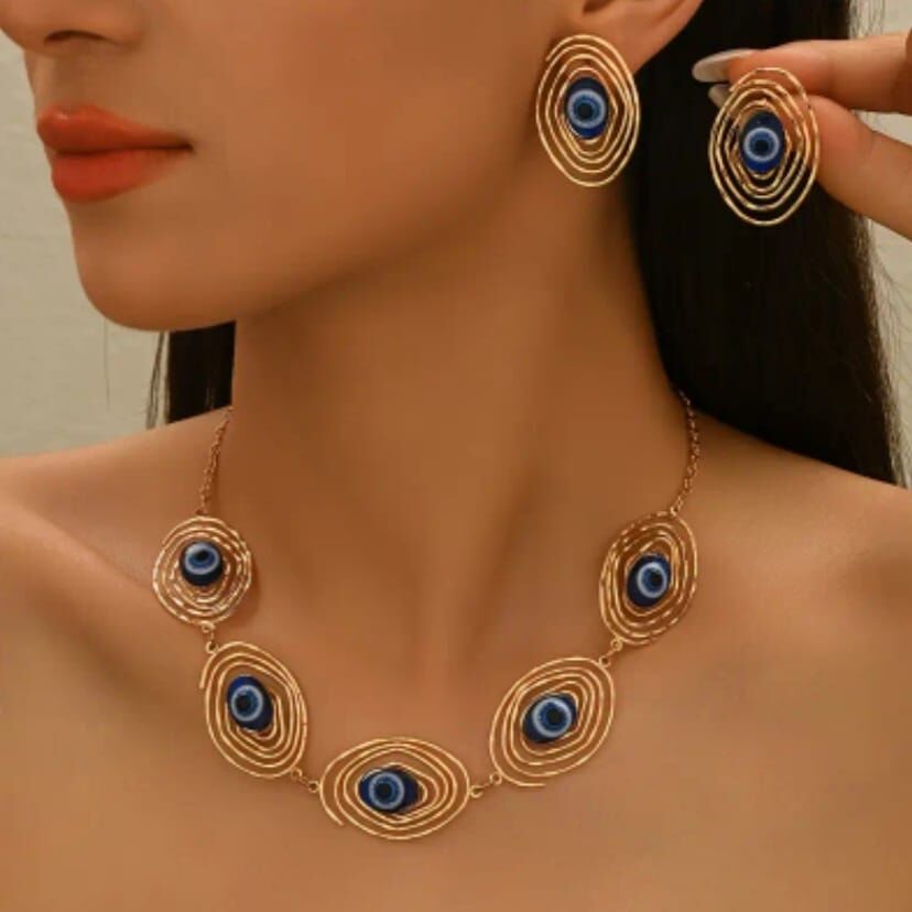 Donna Geometrik Spiral Mavi Göz Tasarım Kolye ve Küpe Seti
