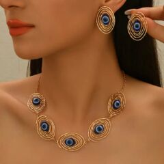 Donna Geometrik Spiral Mavi Göz Tasarım Kolye ve Küpe Seti