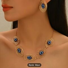 Donna Geometrik Spiral Mavi Göz Tasarım Kolye ve Küpe Seti