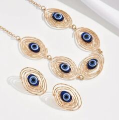 Donna Geometrik Spiral Mavi Göz Tasarım Kolye ve Küpe Seti