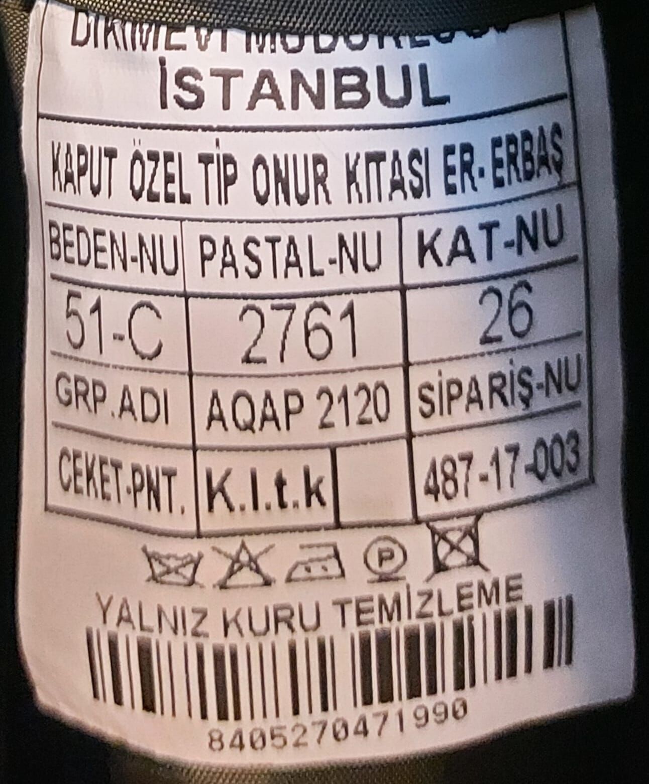 Kaput Haki Özel Onur Kıt'ası (51-C/M-L Beden) Sıfır Ürün