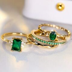 Donna 4 Parça Klasik Yeşil Renk Zirkonya Yüzük Seti (8 Numara)