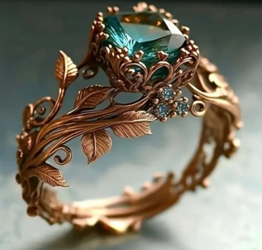 Donna Gold Renk Yaprak Dal Yeşil Zirkonya Gül Yüzük Modeli (8 Numara)