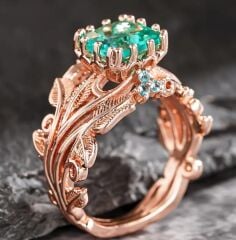 Donna Gold Renk Yaprak Dal Yeşil Zirkonya Gül Yüzük Modeli (8 Numara)