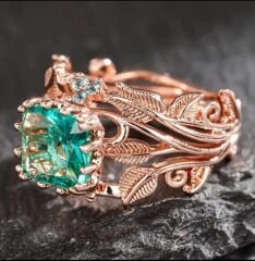Donna Gold Renk Yaprak Dal Yeşil Zirkonya Gül Yüzük Modeli (8 Numara)