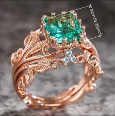 Donna Gold Renk Yaprak Dal Yeşil Zirkonya Gül Yüzük Modeli (8 Numara)