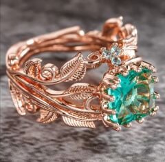 Donna Gold Renk Yaprak Dal Yeşil Zirkonya Gül Yüzük Modeli (8 Numara)