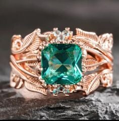 Donna Gold Renk Yaprak Dal Yeşil Zirkonya Gül Yüzük Modeli (8 Numara)