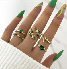 Donna 5 Adet Vintage Zarif Yeşil Taşlı Yüzük Seti