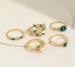 Donna 5 Adet Vintage Zarif Yeşil Taşlı Yüzük Seti