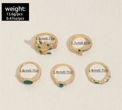 Donna 5 Adet Vintage Zarif Yeşil Taşlı Yüzük Seti