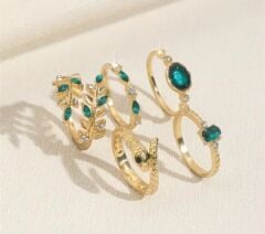 Donna 5 Adet Vintage Zarif Yeşil Taşlı Yüzük Seti