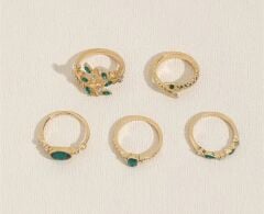 Donna 5 Adet Vintage Zarif Yeşil Taşlı Yüzük Seti