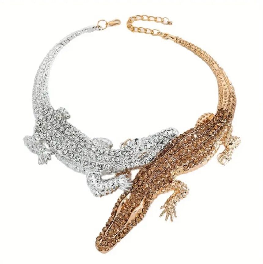 Donna Gold Gümüş Renk Timsah Tasarım Choker Kolye.