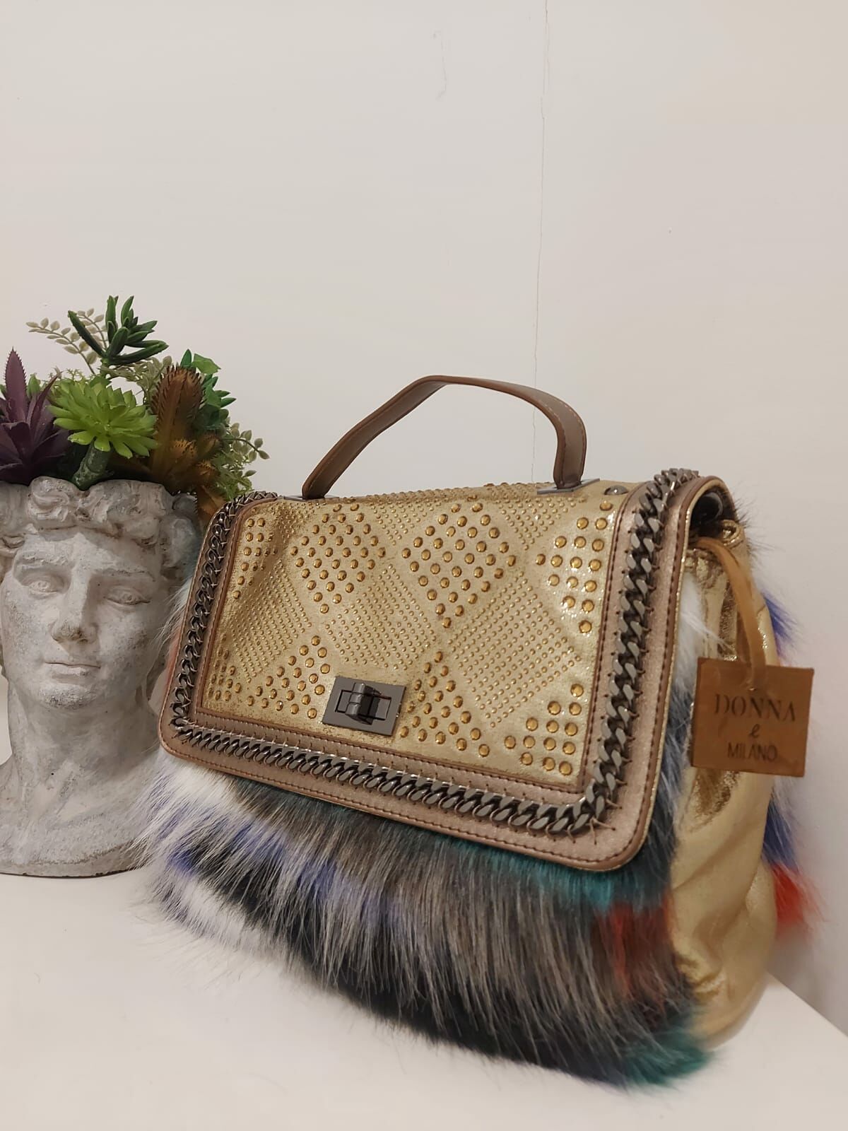 Donna e Milano Gold,Peluş Kombinli Çanta Modeli