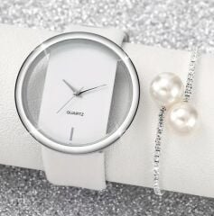 Donna Beyaz Renk Şeffaf Model Zarif Kuvars Saat