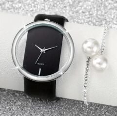 Donna Siyah Renk Şeffaf Model Zarif Kuvars Saat