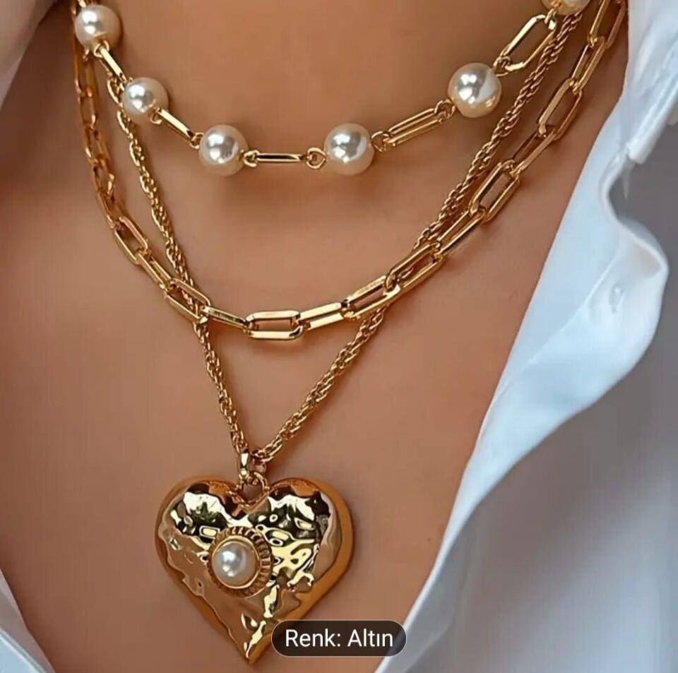 Donna  Gold Renk İnci Boncuklu Sevgi Kolyesi