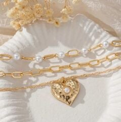 Donna  Gold Renk İnci Boncuklu Sevgi Kolyesi